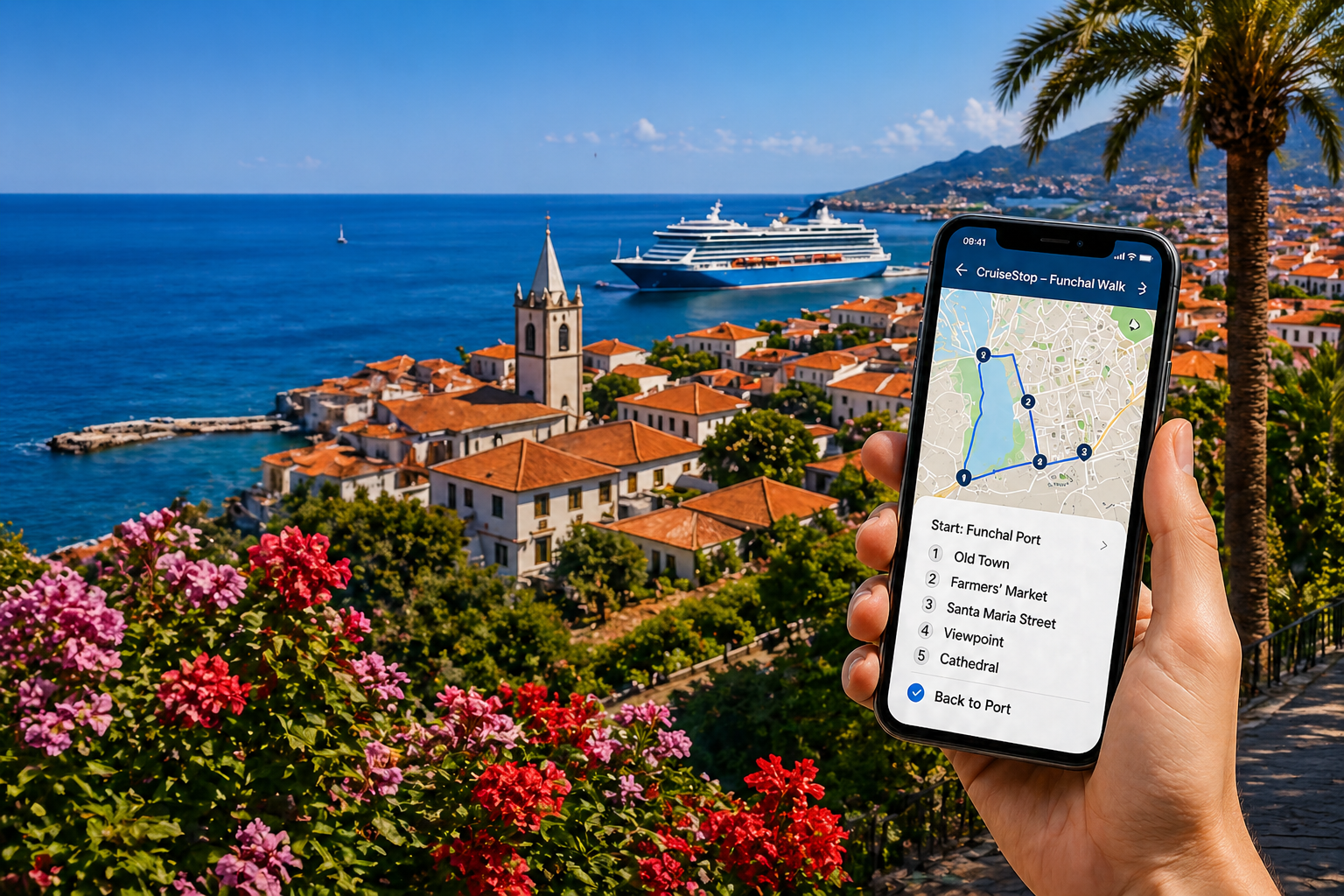 Funchal coastline with ocean, cruise ship, church tower and a phone showing the walking route