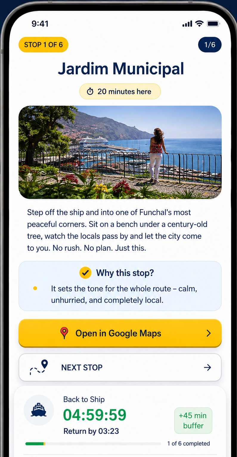 Premium phone mockup showing a route stop, Google Maps button, next stop and Back to Ship timer