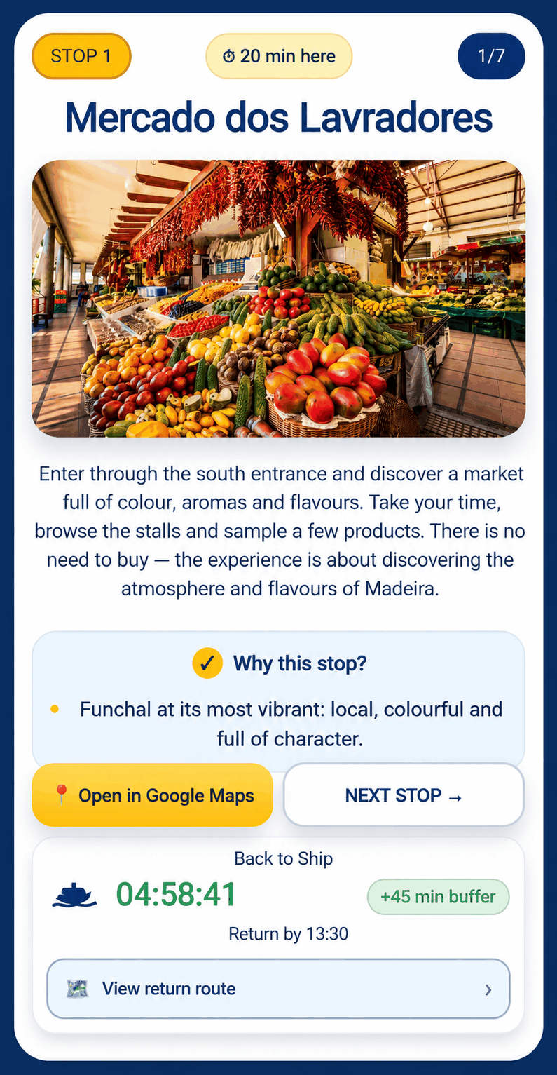 Phone preview of the Relaxed Funchal route showing the Mercado dos Lavradores stop, Google Maps button, next stop and Back to Ship timer