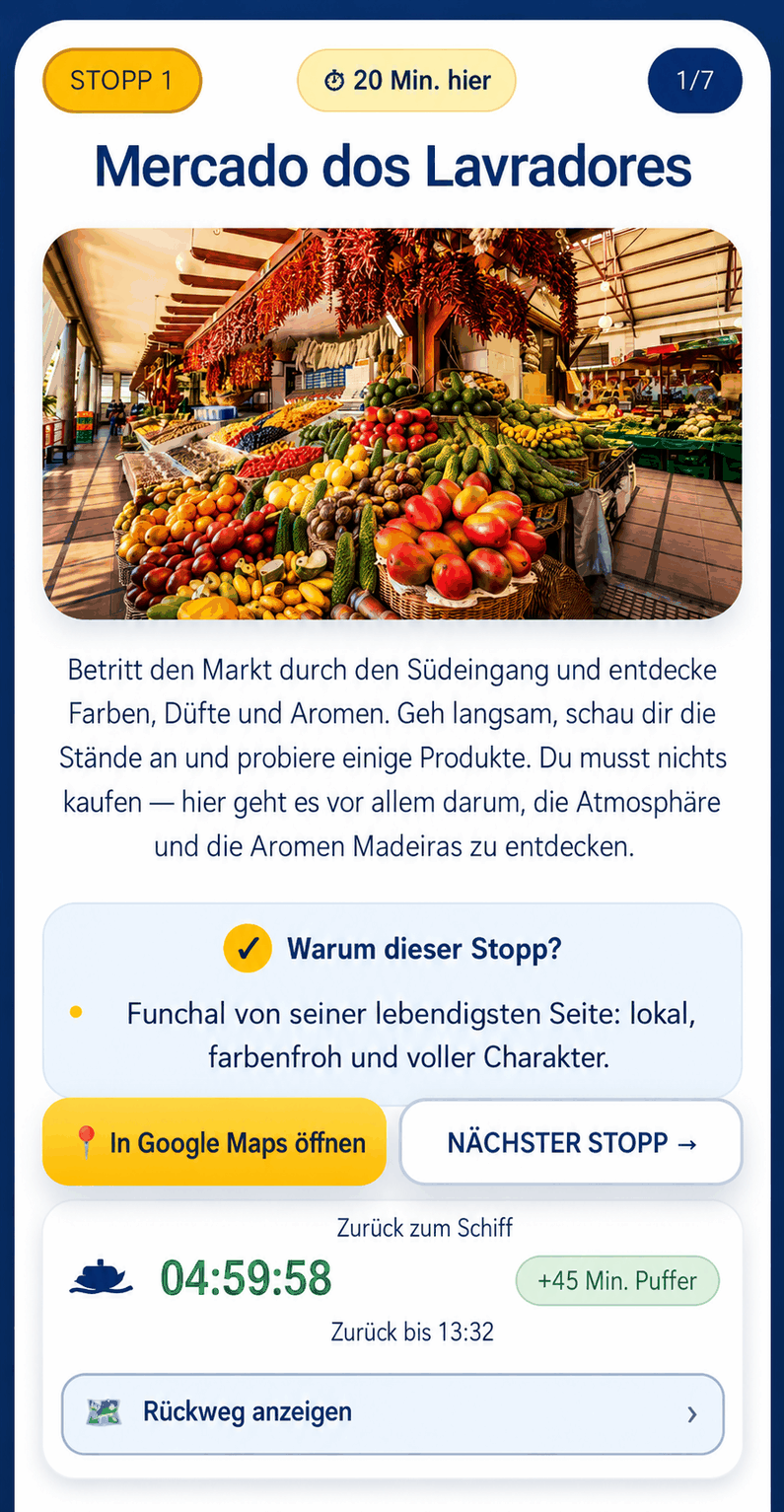 Telefonvorschau der Route Relaxed Funchal mit dem Stopp Mercado dos Lavradores, Google-Maps-Schaltfläche, nächstem Stopp und Rückkehr-zum-Schiff-Timer