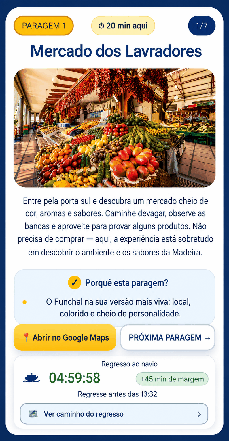 Pr&eacute;-visualiza&ccedil;&atilde;o da rota Relaxed Funchal no telem&oacute;vel, com a paragem do Mercado dos Lavradores, bot&atilde;o Google Maps, pr&oacute;xima paragem e temporizador de regresso ao navio