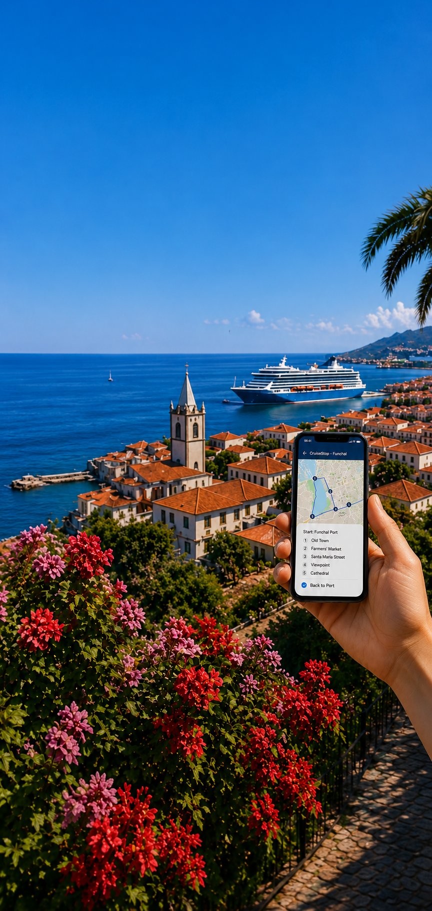 Funchal coastline with ocean, cruise ship, church tower and a phone showing the walking route
