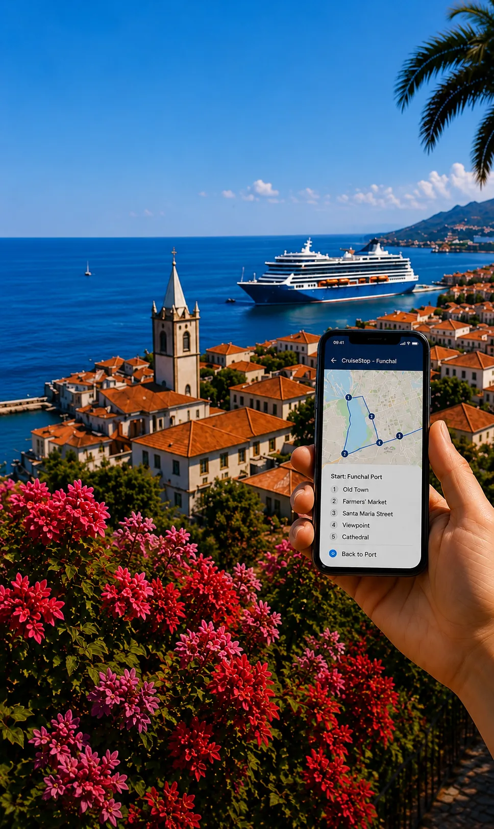 Funchal coastline with cruise ship, cathedral and phone showing CruiseStop walking route